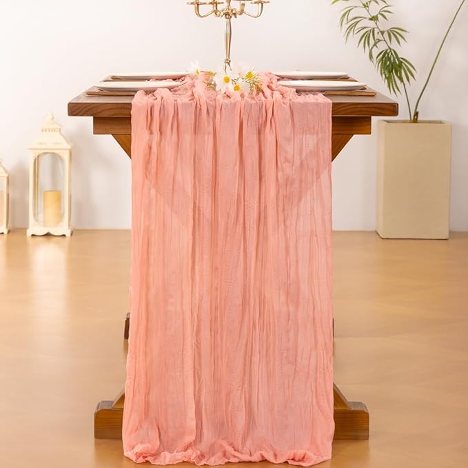 Socomi 6pcs Coral Peach Easter Spring Cheesecloth Table Runner Boho Rustic Gauze 120 inch 10FT Cheese Cloth Runner for Wedding Party Baby Shower Birthday Home Decor Holiday Decorations