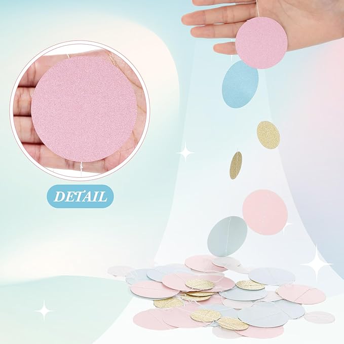 Outus 10 Pieces Pink,Blue,Gold,White Round Dots Garland Easter Graduation Party Hanging Decor Each Length 13.1ft Glitter Paper Dot Streamers for Birthday Wedding Classroom