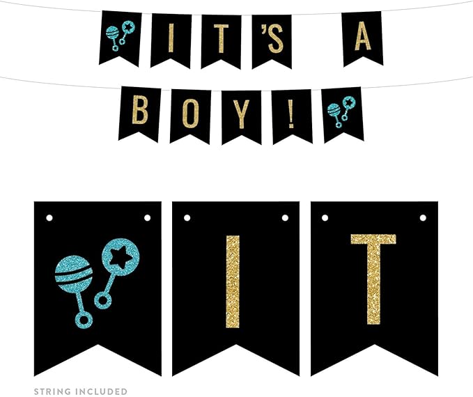 Andaz Press Faux Gold Glitter on Black Baby Shower Party Banner Decorations, It's a Boy!, Approx 5-Feet, 1-Set, Colored Hanging Pennant Decor