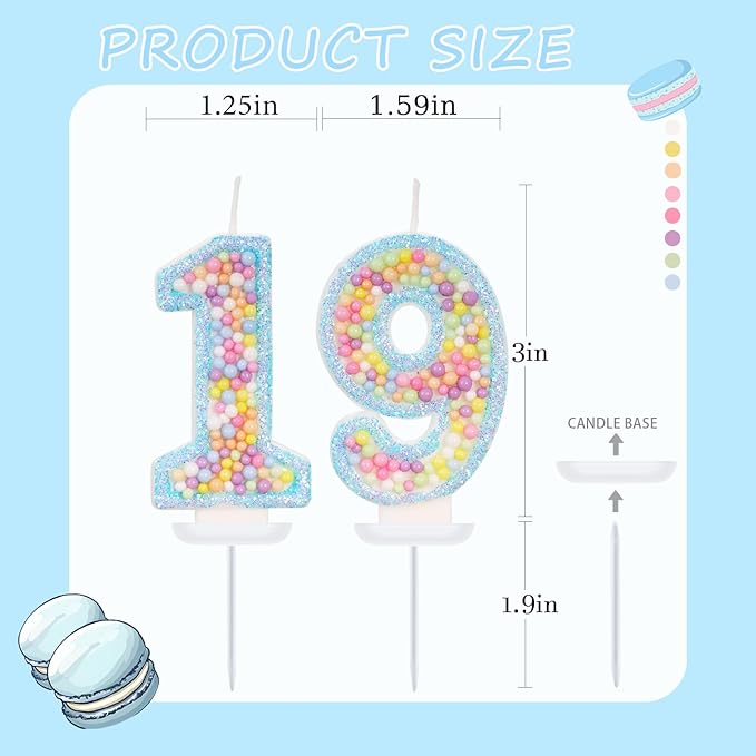 Blue Birthday Candles - Number 19 Candle, Colorful Macaron Candles, 19 Birthday Decorations for Girls Boys, Cake Decorations, Theme Party Supplies (Blue)