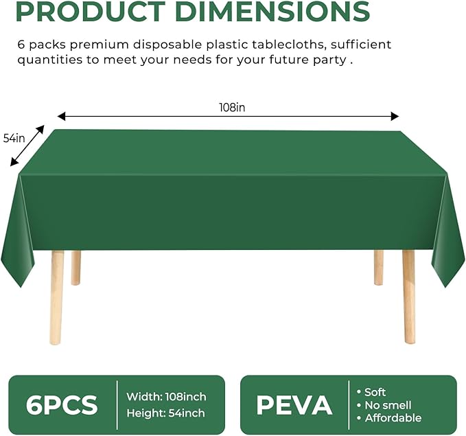 6 Pack Premium Disposable Plastic Tablecloth 54" x 108" Party Table Cloths Disposable for 6 to 8 Foot Tables Indoor or Outdoor Birthdays Weddings Christmas Buffet Table (Dark Green)