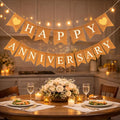 "Happy Anniversary" Burlap Banner – Rustic “Happy” and “Anniversary” across natural burlap flags (approx. 5" × 7") with Sparkly Gold Hearts Party Decor