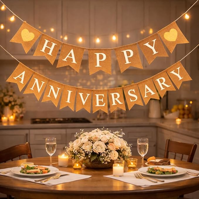 "Happy Anniversary" Burlap Banner – Rustic “Happy” and “Anniversary” across natural burlap flags (approx. 5" × 7") with Sparkly Gold Hearts Party Decor