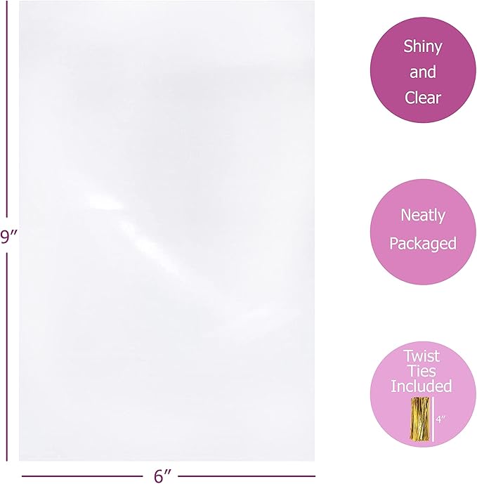 Purple Q Crafts Clear Plastic Cellophane Bags with 4" Colored Twist Ties for Gifts Party Favors (6"x9" 100 Pack)