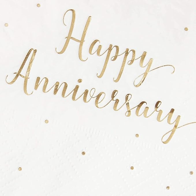 BLUE PANDA Happy Anniversary Napkins - 5 x 5 In, 3-Ply, 50 Pack, Elegant Gold Foil - Disposable Anniversary Paper Goods & Cocktail Napkins for Wedding Party Decor