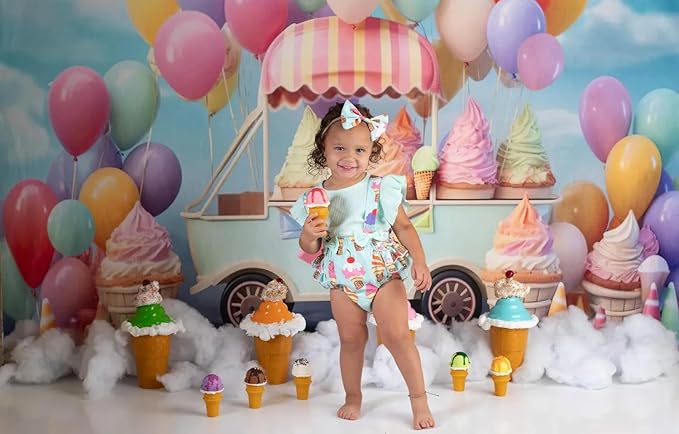 Kate 7x5ft Summer Ice Cream Car Backdrop for Photography Colorful Balloons Cake Smash Blue Sky Birthday Party Background for Kids Photo Props