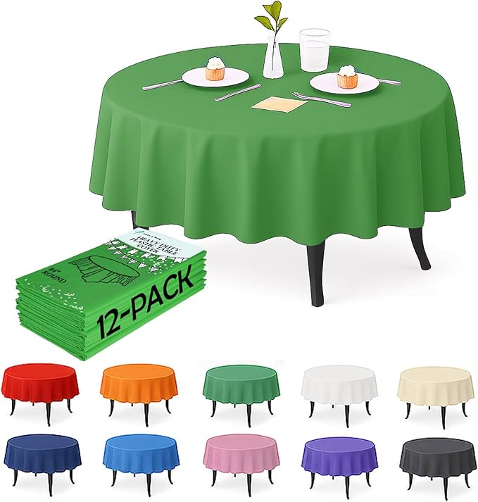 Craft And Party 12-Pack Hunter Green Plastic Tablecloths – 84 Inch Round Disposable Table Covers, Heavy Duty & Waterproof for Parties, Events, Banquets, Hunter Green