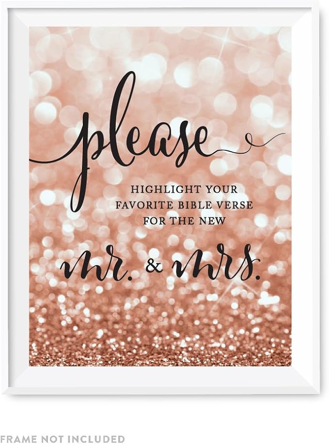 Andaz Press Wedding Party Signs, Glitzy Rose Gold Glitter, 8.5x11-inch, Please Highlight Your Favorite Bible Verse for the New Mr. & Mrs., 1-Pack, Bokeh Colored Party Supplies