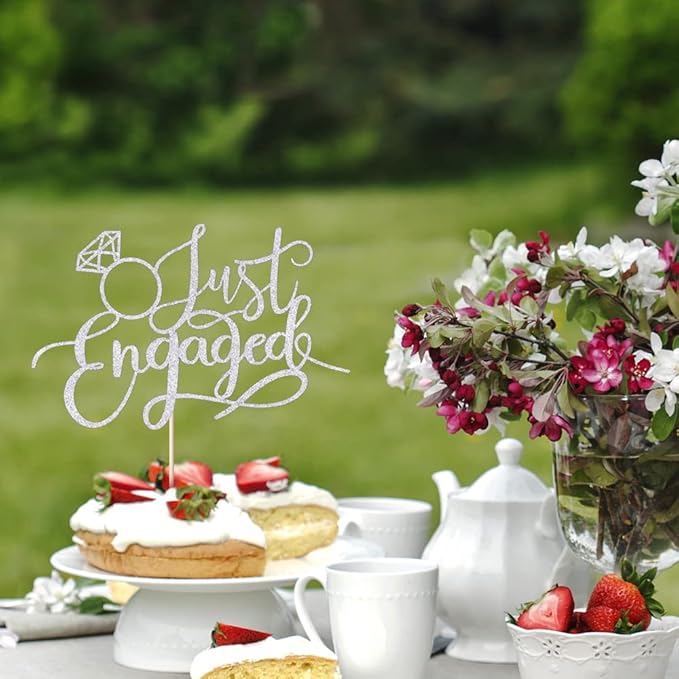 Just Engaged Cake Topper for Engagement Party Decorations, Engaged Ring Sign,We're Engaged Cake Toppers (silver)
