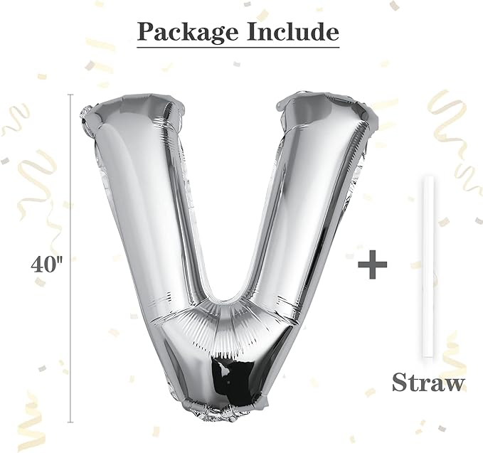 40 inch Silver Letter V Balloon, Big Size Alphabet Foil Mylar Helium Balloons for Birthday Party Celebration Wedding Anniversary Baby Shower Decorations Supplies Alphabet V