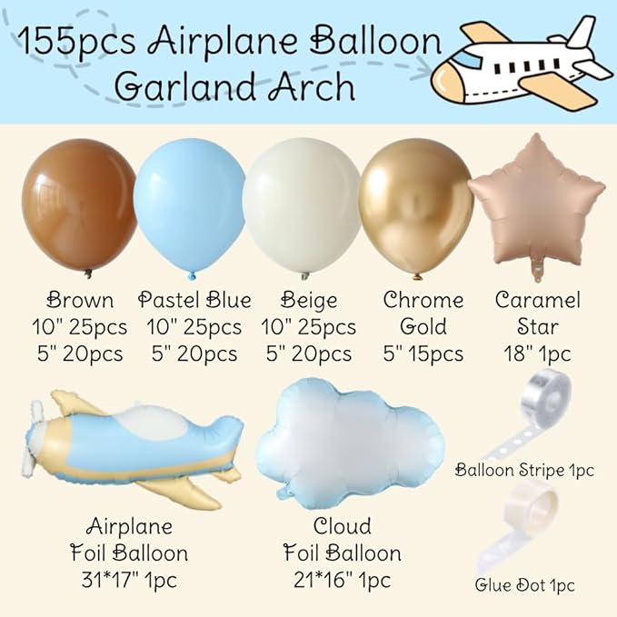 Time Flies Balloon Garland Arch Kit, 155pcs Brown Blue Beige and Airplane Cloud Star Foil Balloons for How Time Flies First Birthday Travel ONEderful World Airplane Party Baby Shower Decorations
