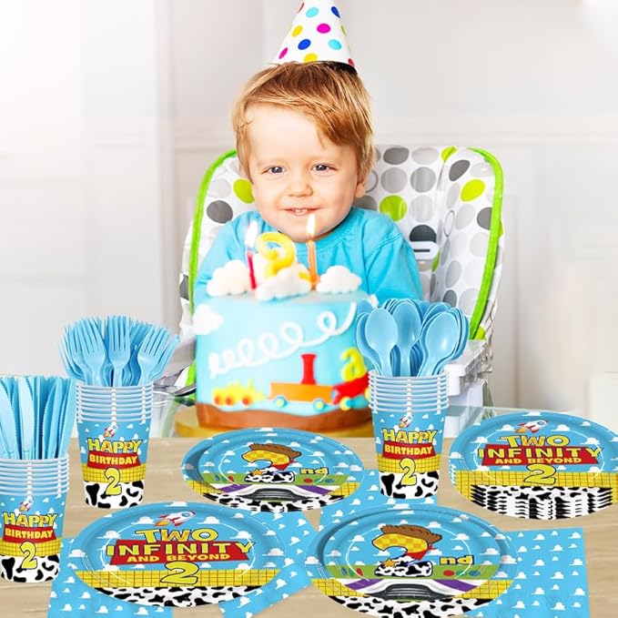 168Pcs Cartoon Story 2nd Birthday Paper Plates Napkins Disposable Tableware Set Two Years Old Birthday Party Supplies for Boys Birthday Party Serve 24 Guests