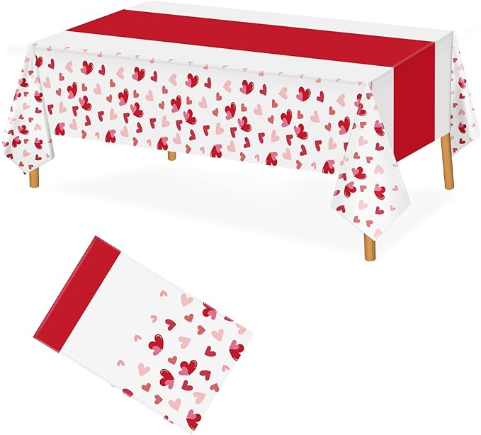 Hxezoc 54 x 108 Inch Valentines Day Tablecloth, Disposable Heart Plastic Table Cover for Girls Kids Valentines Birthday Baby Shower Party Decorations Outdoor Indoor Party Supplies