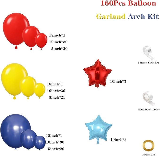 Carnival Circus Balloon Garland Arch Kit, 160Pcs Red Yellow Blue Latex Balloons with Star Foil Balloons for Baby Shower Bridal Shower Birthday Party Decorations