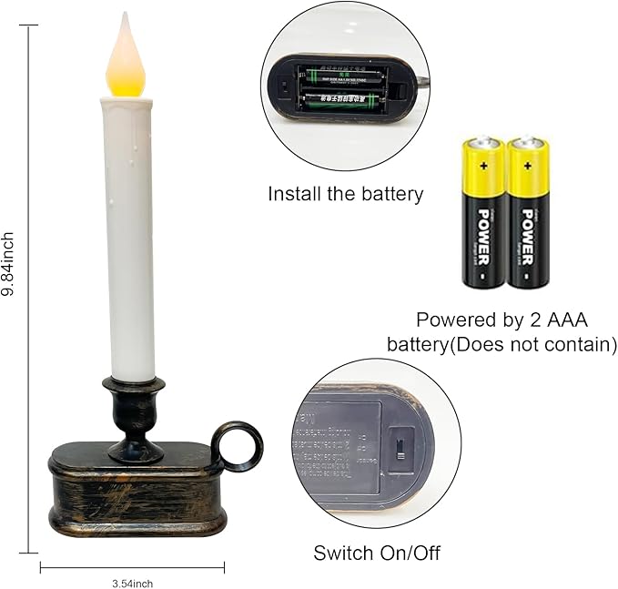 GOOTHY Set of 4 Battery Operated LED Window Candles, Dusk to Dawn Light Sensor, Flicker Flame Christmas Window Candles with Bronze Base, 10 Inch Flameless Taper Candle for Table Bedroom Christmas