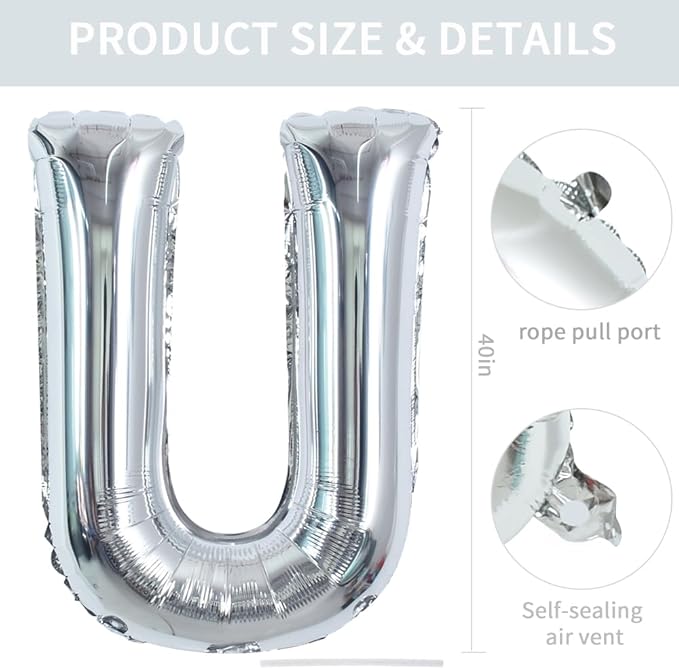 TONIFUL 40 Inch Large Silver Letter U Helium Foil Mylar Balloon for 2026 New Year Eve Graduation Wedding Baby Shower Birthday Party Anniversary Supplies Decorations