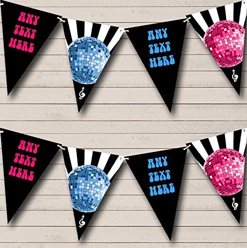 The Card Zoo 60's 70's 80's Disco Night Fever Personalized Party Banner Garland - Bunting with Silk Flags - 12 Flags, 120 Inches of Ribbon