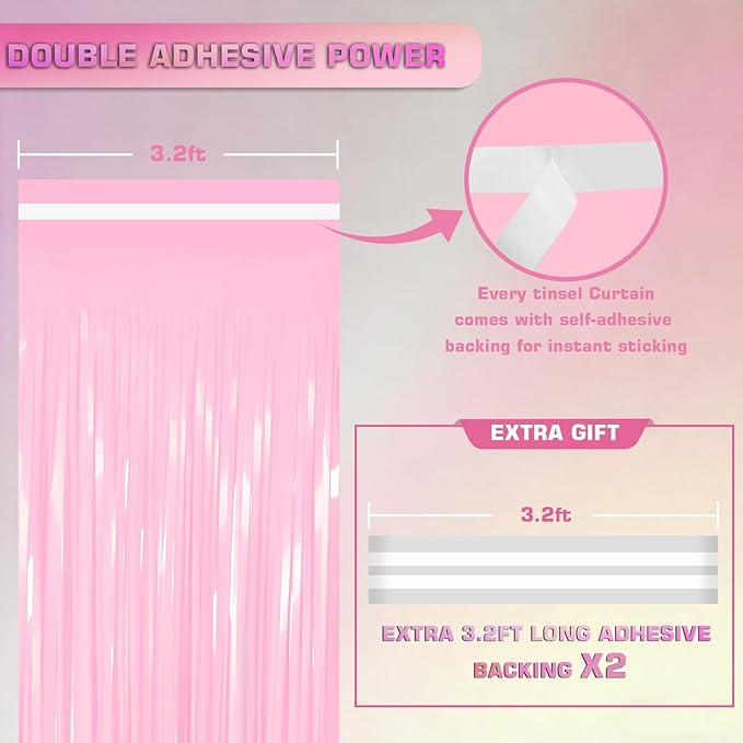 Pastel Pink Tinsel Curtain Backdrop, 3.28 x 8ft Extra Long Macaron Pink Foil Fringe Curtain with Extra Backup Tape, Party Decoration for Easter, Birthday & Photo Booth, 2 Pack