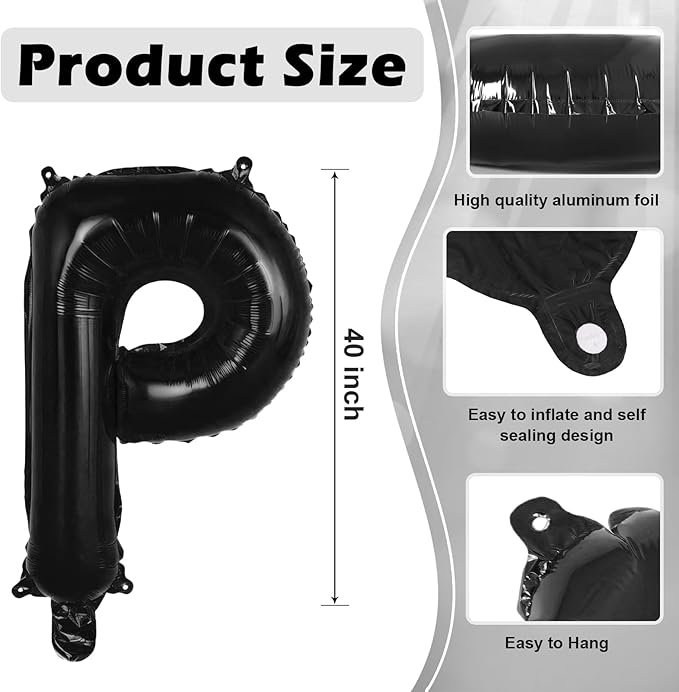 Black Letter P Balloons, 40 Inch Large Foil Letter Balloons, Custom Phrase Balloon for Birthday Party Wedding Anniversary Decoration (Black P)