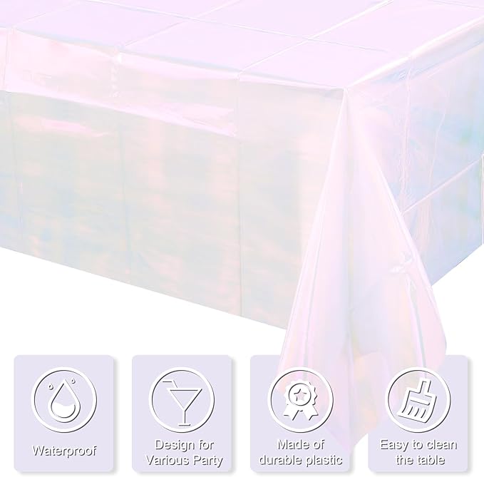 3 Pack Iridescent White Plastic Tablecloth, Shiny White Disposable Laser Rectangle Table Covers, Holographic Foil Tablecloth Party Decorations for Birthday Bridal Wedding Banquet, 40 x 108 Inch