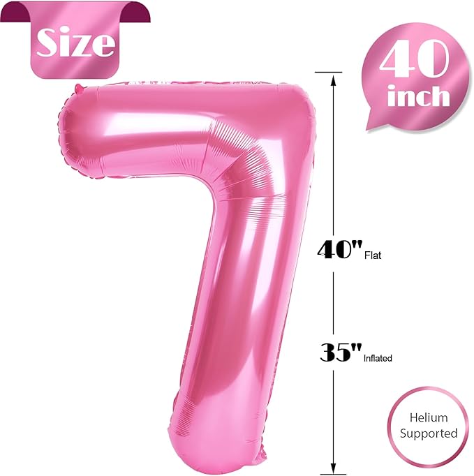 Pink Number 7 Balloon 40 Inch, 7th Birthday Party Decorations for Children, Giant 7 Foil Balloon for Party Supplies