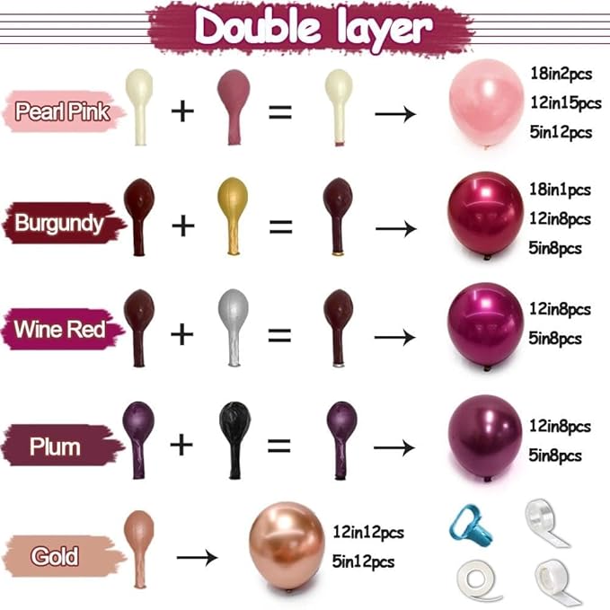 Burgundy Pink Balloon Arch Double Stuffed Dark Ruby Red Pink Plum Gold Balloon Garland Kit Maroon Balloons for Wedding Bridal Shower Birthday Mother's Day Engagement Anniversary Party Decor