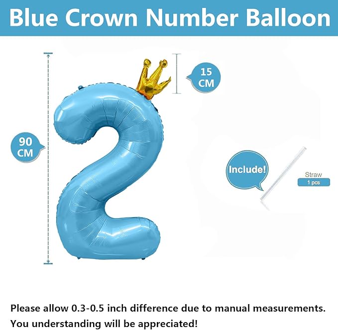 Blue Number 2 Balloon with Crown, 40 inch Blue Number Balloon 2nd Birthday Party Decoration BlueCrown Balloons 0-9 for Birthday Party Anniversary Decorations Supplies