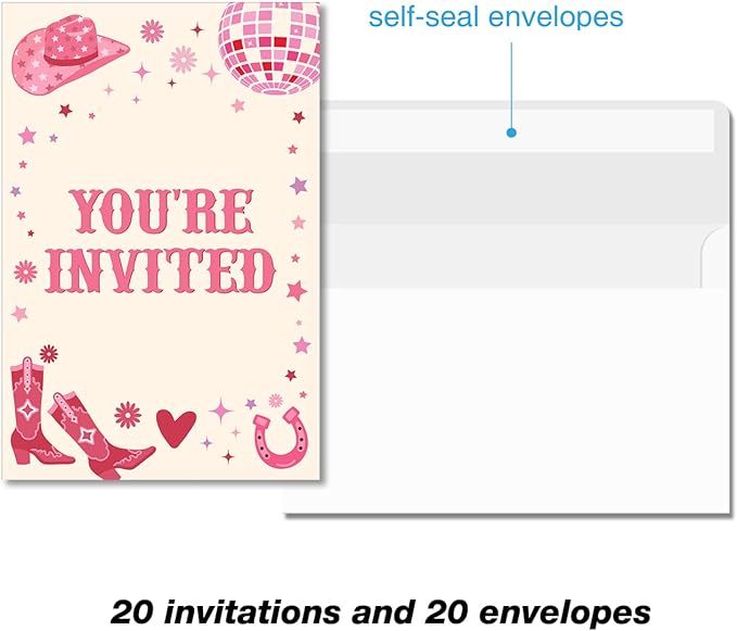 Soiceu Pink Disco Cowgirl Birthday Party Invitations with Envelopes Set of 20 Retro Cowgirl Birthday Party Invites