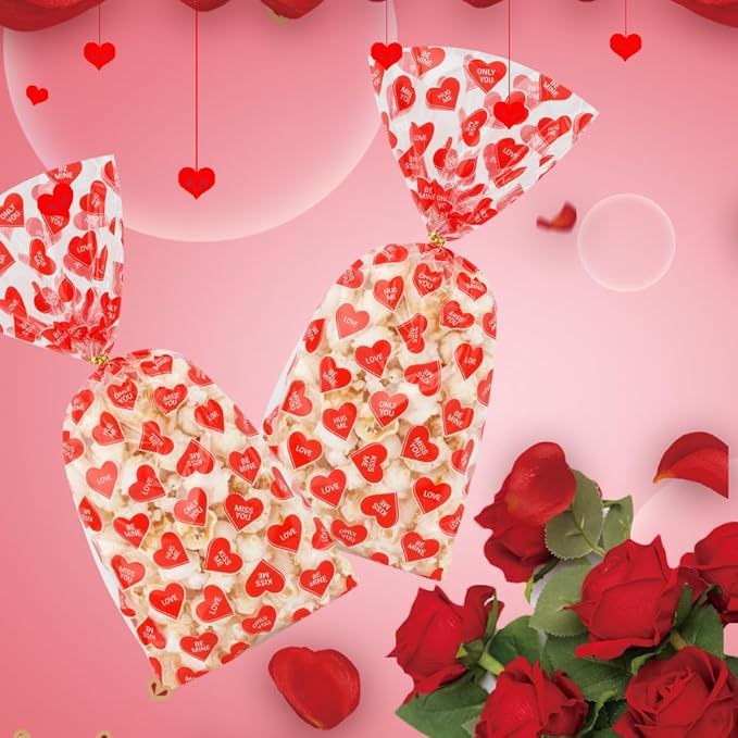 Valentines Treat Bags, 100 PCS Valentines Goodie Bags, Valentines Day Plastic Goodie Candy Goody Cookie Favor Ziplock Cellophane Treat Bags for Classroom Party Small Mini Valentines Gift Bags Bulk