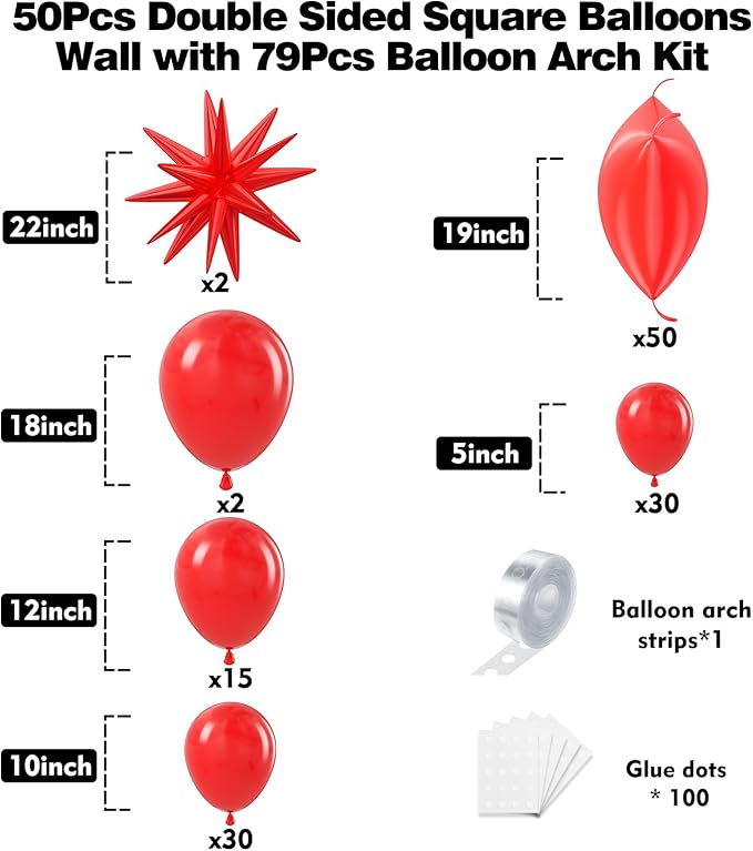 50pcs Red Square Foil Balloons Wall Backdrop with 79pcs Red Balloon Garland Arch Kit, Double Sided Balloon Tunnel for Birthday Anniversary Wedding Engagement Baby Shower Valentine's Decorations