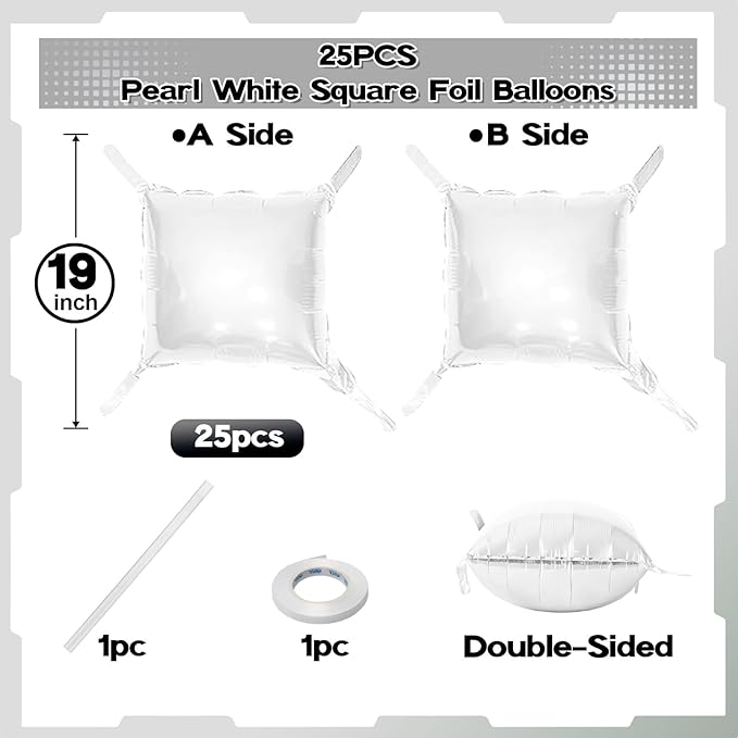 White Square Foil Balloons Wall, 25PCS Double Sided Pearl White Balloons Backdrop Wall Tunnel Arch Kit Background Decorations for Girl Women Birthday Wedding Baby Shower Bridal Engagement Heaven Party