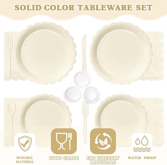 Vyntra 350 Pcs Ivory Disposable Paper Plates and Napkins Set for 50, 9" Dinner Plates & 7" Dessert Plates, Tableware for Wedding, Bridal Shower, Anniversary, Party