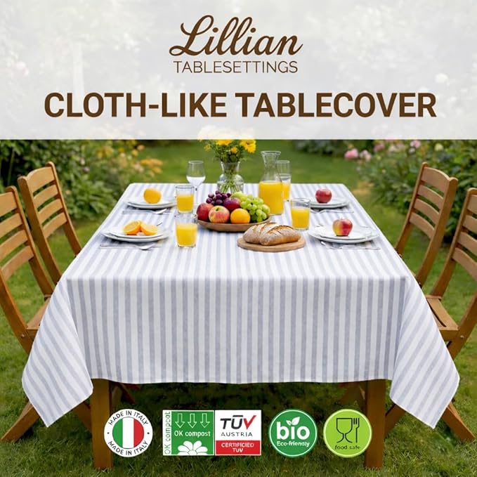 Party Dimensions Made in Italy Cloth-Like Disposable Tablecloth for Rectangle Tables, Premium Airlaid Linen-Feel Table Cover, Luxury Tablecloth for Parties, Events & Weddings, Elegant Striped Design
