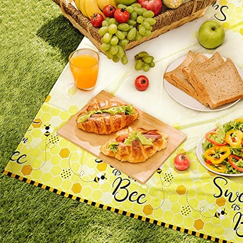 Tatuo 1 Packs Bee Plastic Tablecloths - 54 x 108 Inches Sweet as Can Bee Decorative Table Cover Honey Party Tablecloth Set for Birthday Baby Shower Gender Reveal Party Decorations