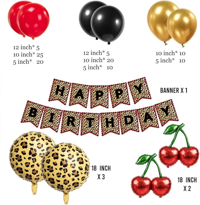 120Pcs Red Black Gold Balloon Garland Arch Kit with Leopard Print Balloons, Cherry Foil Balloons, Happy Birthday Banner for Girl Night Bachelorette Glamour Party Casino Birthday Party Decoration