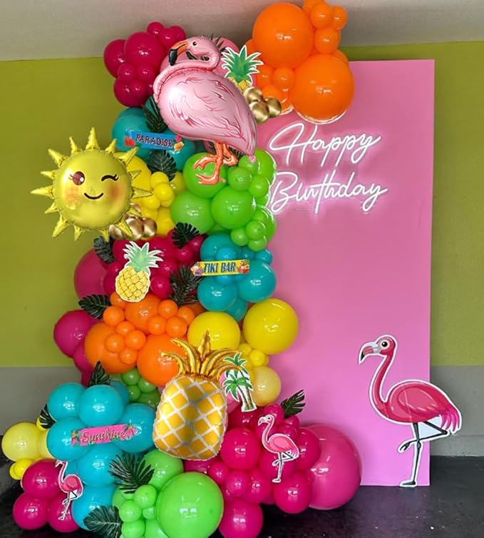 Tropical Hawaiian Party Decorations 155Pcs Luau Balloon Garland Arch Kit, Hot Pink Orange Yellow Pineapple Flamingo Balloons for Tropical Summer Beach Pool Birthday Coconut Party Supplies