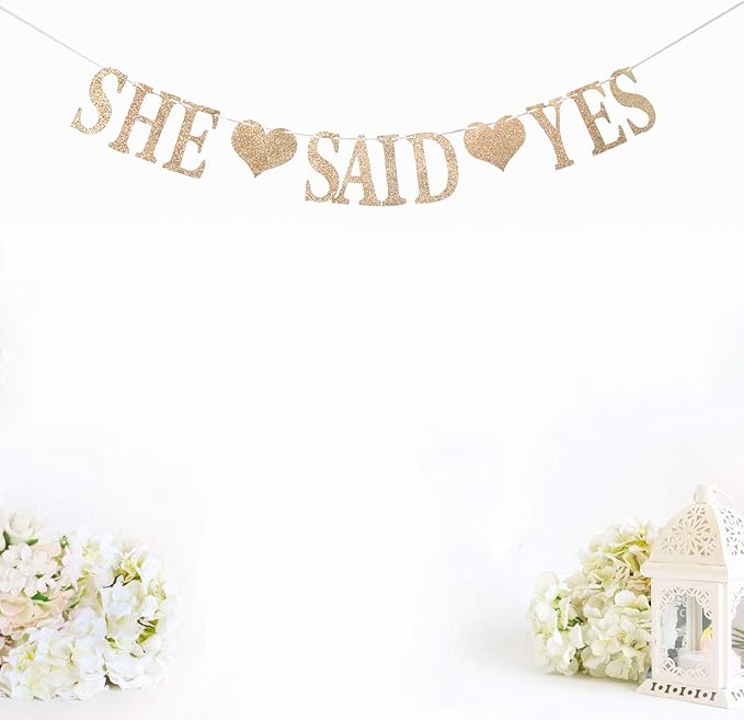 Champagne Gold Glittery She Said Yes Banner - Bridal Shower, Wedding, Engagement, Bachelorette Party Decorations Supplies