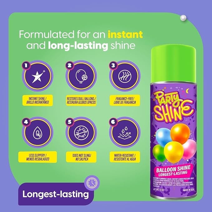 Party Shine Balloon Shine Spray, Silicone Spray for Latex Balloons, Balloon Spray Shine, Waterproof, Fragrance-free and Less Slippery Formula, Perfect for Balloon Décor, Parties, Events, 8oz (1 Pack)