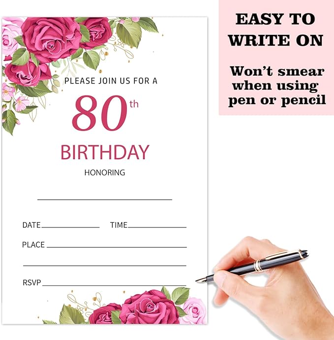 80th Rose Floral Birthday Invitation Cards for Women Men, 80 Years Old Birthday Invites for Adult, Party Supplies Favors, 20 Cards With 20 Envelopes -11