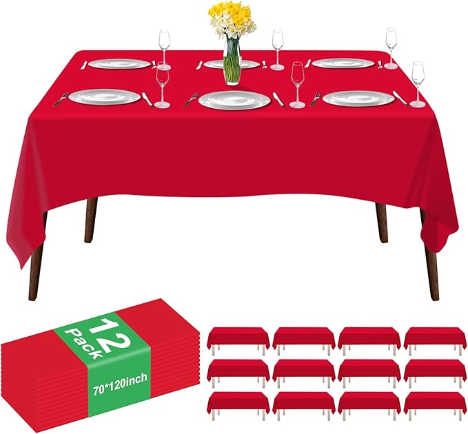 12 Pack Premium Red Plastic Table Cloth -70 X120 Inch Rectangle Tablecloth, Disposable Tablecloth Plastic Table Cover for Parties (12, Red, 70" X 120" Rectangle)
