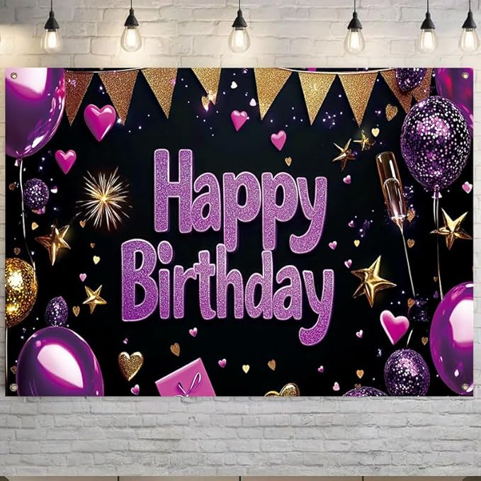 Birthday Banner 71 x 43 Inch, Large Happy Birthday Party Backdrop, Purple and Gold Glitter Birthday Decorations for Women Girls