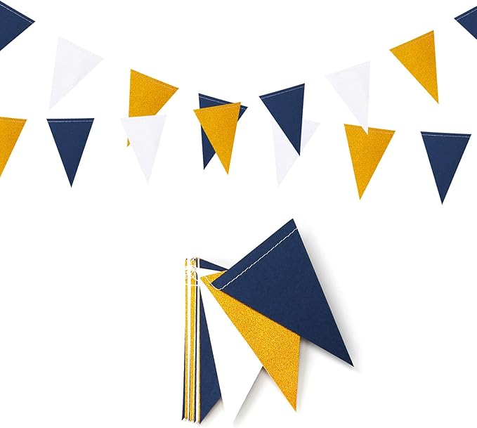 Navy-Blue White-Gold Party Decorations Banner - 2 Pack Men Birthday Graduation 2026 Glitter Sprinkles Paper Pennant Triangle Flags, Fathers Day Wedding Baby Bridal Shower Bunting Lasting Surprise