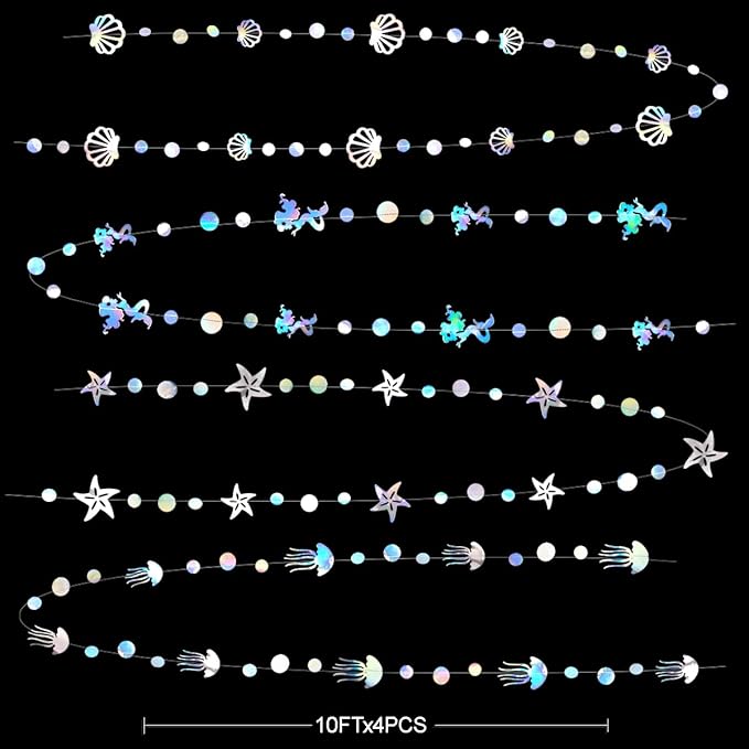 40 Ft Iridescent Mermaid Garland with Jellyfish Seashell Starfish Pearl Holographic Paper Streamer for Little Mermaid Rainbow Theme Birthday Bachelorette Baby Shower Under the Sea Party Decorations