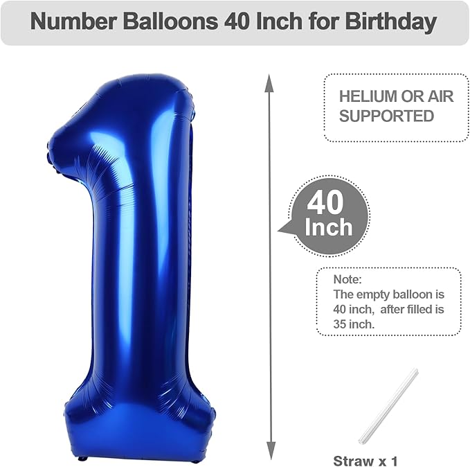 Number One Balloons 40 Inch, Navy Blue Balloon for Birthday Party Decoration, Large Number Ballons for 1, 10, 11, 12, 13, 21, 100 Celebration, Boy and Girl Birthday, Baby Shower, Anniversary Decor