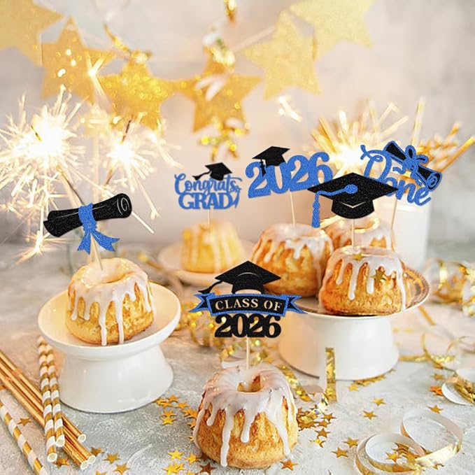 2026 Graduation Cupcake Toppers, 36 pack Blue Glitter Class of 2026 Congrats Grad Diploma Grad Cap Cupcake Picks for 2026 Graduation Party decorating Supplies