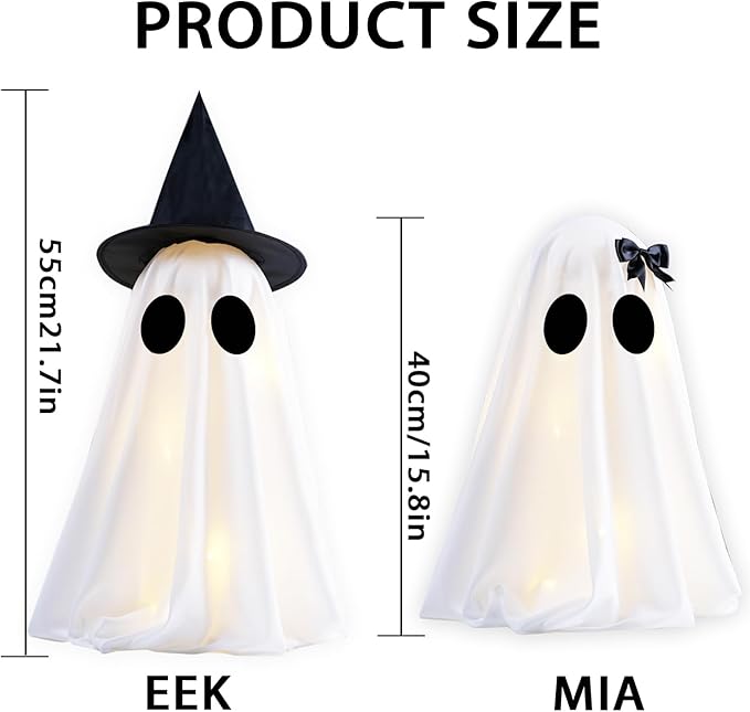 [Timer] Light Up Halloween Scary Ghost Decorations, Set of 2 DIY Spooky Crafts for Indoor Home Mantel Shelf & Tabletop Decor White
