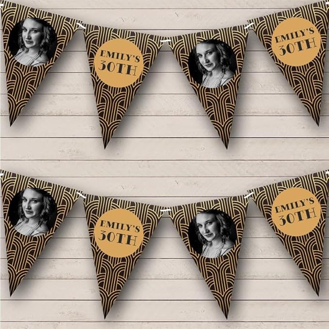 Gold Black Gatsby 20's Art Deco Vintage Photo Personalized Birthday Party Bunting - Hanging Party Decoration - Birthday Party Banner Garland | Decorative Party Supplies