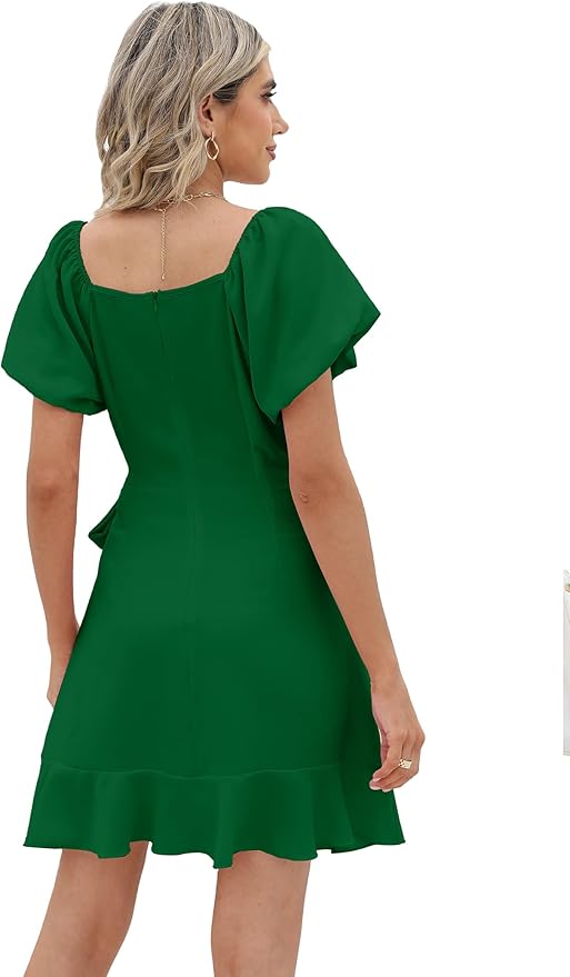 Sampeel Womens Summer Dresses Square Neck Puff Sleeve Tie Waist Short Dress
