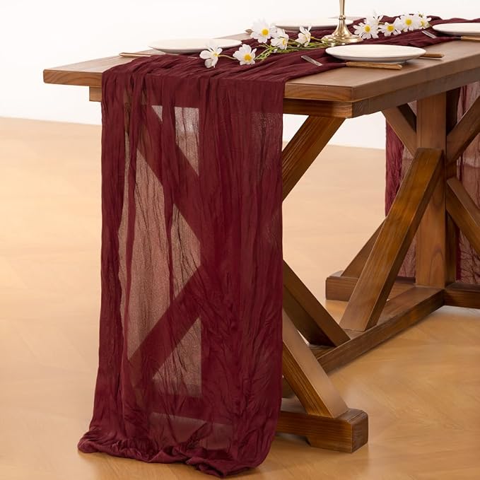 Socomi Burgundy Red Easter Spring Table Runner Cheesecloth Boho Rustic Gauze 120 inch 10FT Cheese Cloth Runner for Wedding Party Baby Shower Birthday Home Decor Holiday Decorations