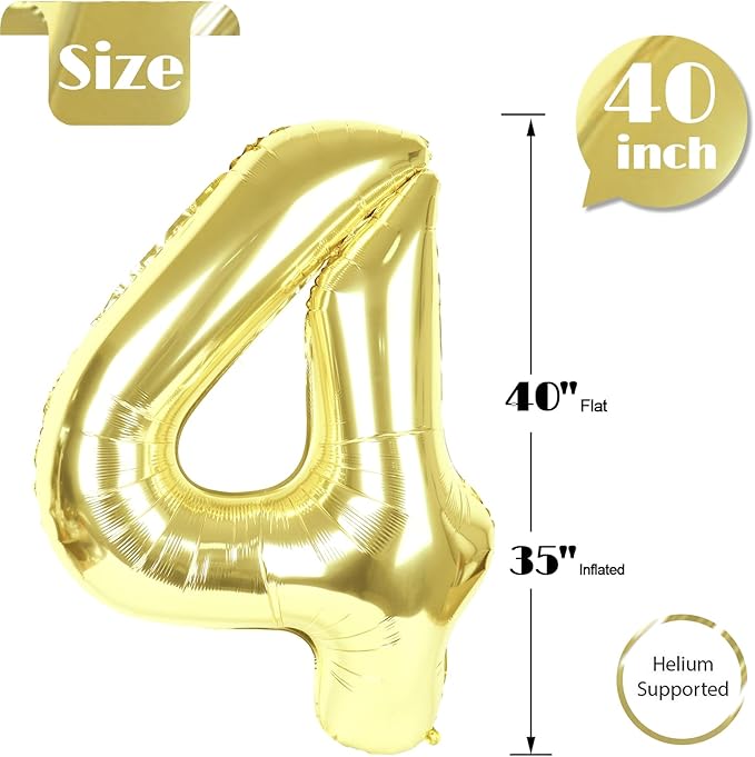 Champagne Gold Number 4 Balloon 40 Inch, White Gold 4 Balloon Number, 4th Birthday Decorations, Light Gold Party Supplies for Boys Girls